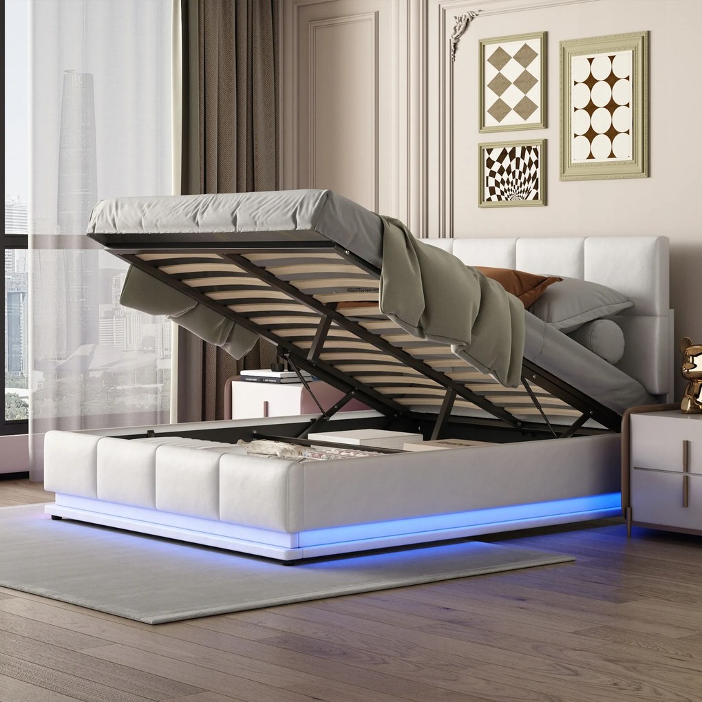 Kárpitozott ágy 140x200 cm emelhető ágy Led világítással Fehér