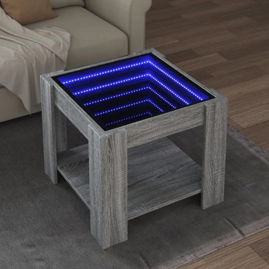Szürke sonoma szerelt fa dohányzóasztal LED-del 53 x 53 x 45 cm