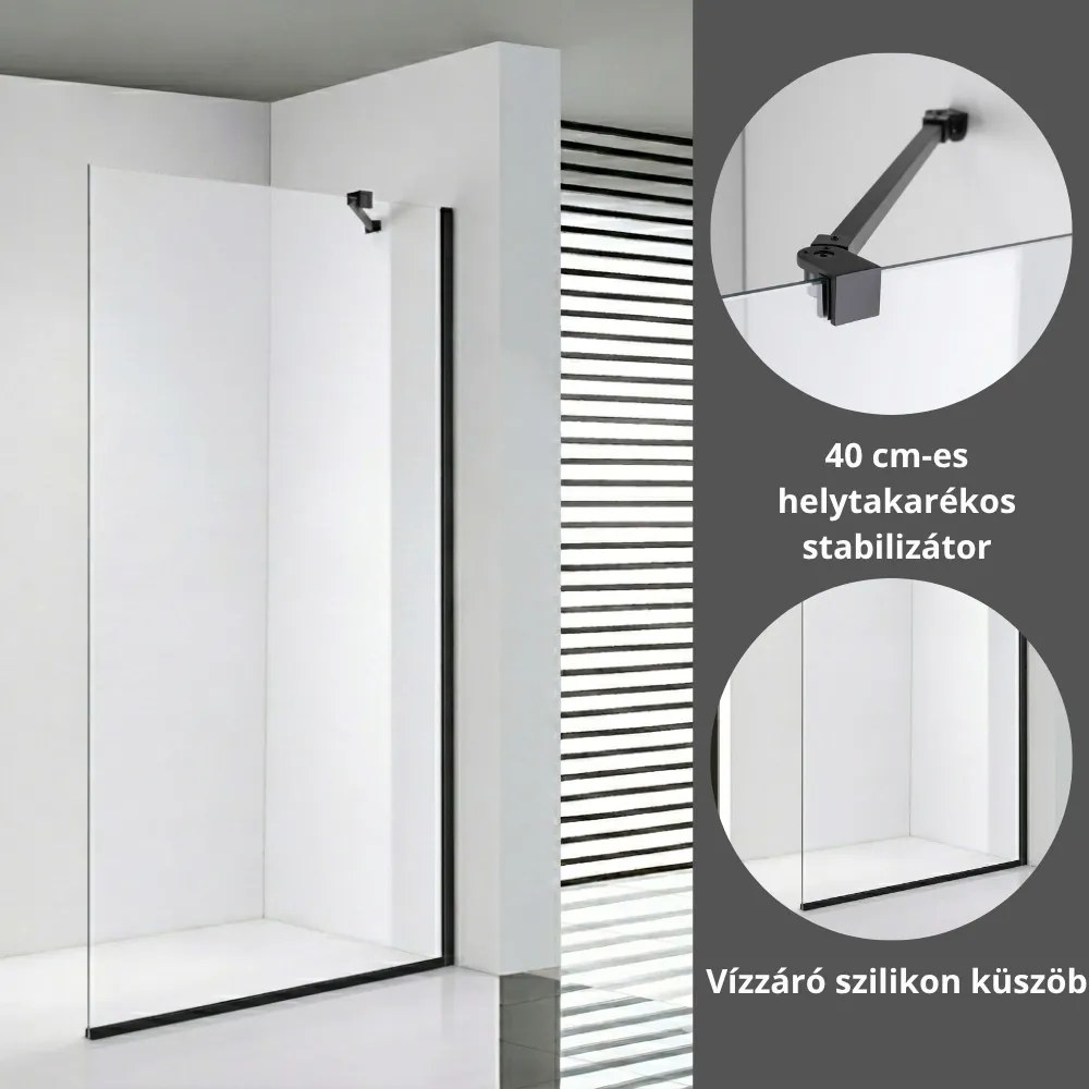 Stuxi Milano Easy Black Walk-in zuhanyfal, 80x200 cm, 8 mm vastag vízlepergető biztonsági üveggel, helytakarékos stabilizátorral