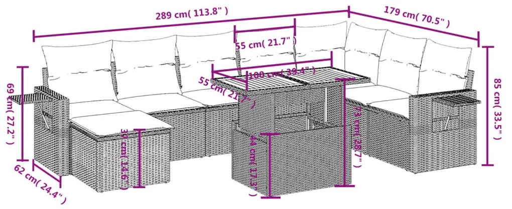 9-részes bézs polyrattan kerti ülőgarnitúra párnákkal