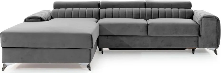 Szürke bársony kinyitható-tárolóhelyes sarokkanapé (bal oldali-heverő résszel) Grayson – ELTAP