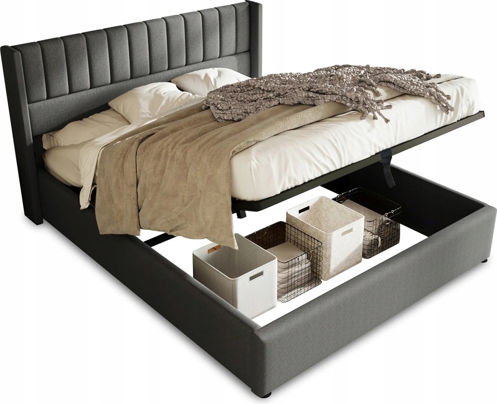 Kárpitozott ágy Hidraulikus franciaágy 160x200 cm len szürke