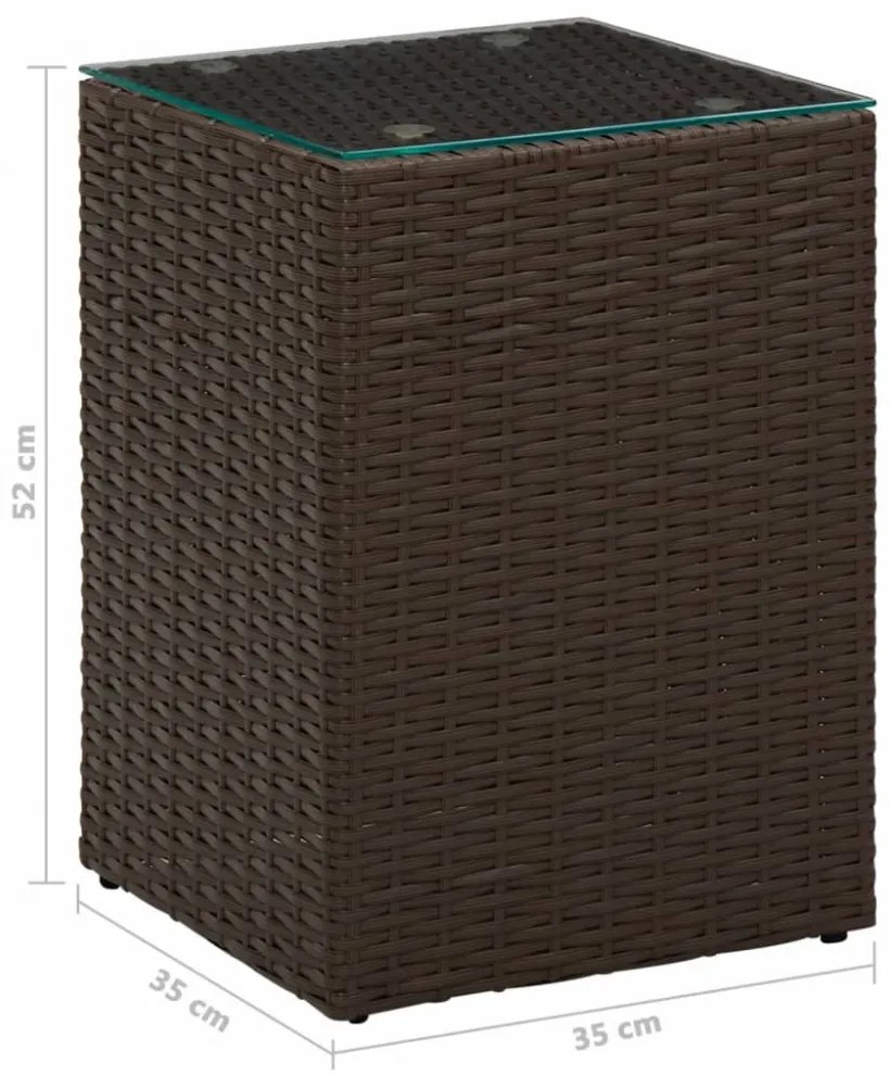 barna polyrattan kisasztal üveg asztallappal 35 x 35 x 52 cm