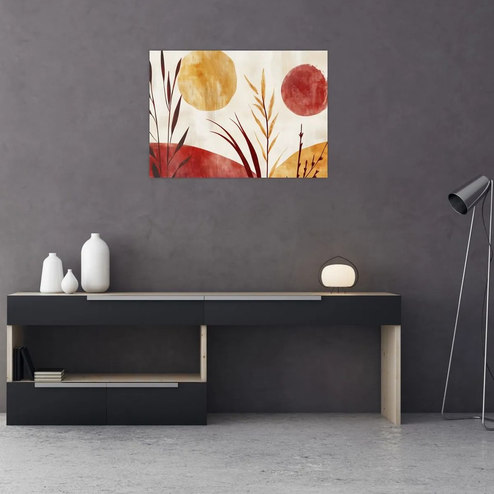 Üveg kép - Növények és körök (70x50 cm)