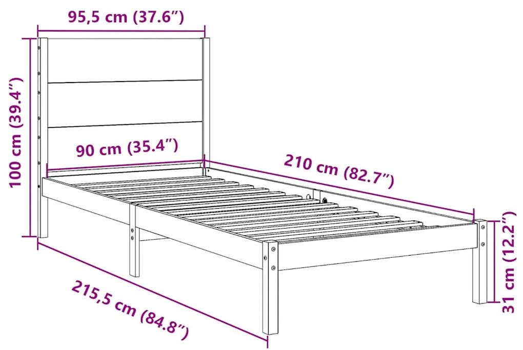 tömör fa extra hosszú ágykeret matrac nélkül 90 x 210 cm