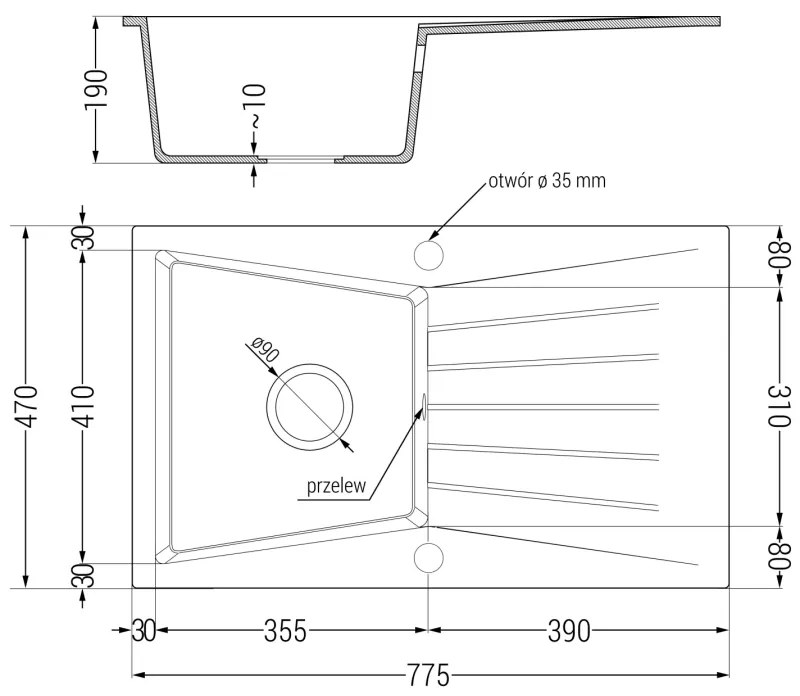 Mexen Cesar, 1 kamrás gránit mosogató 775x470x190 mm és Aster mosogató csaptelep, fekete-arany metál, 6514-75-73450-70-B