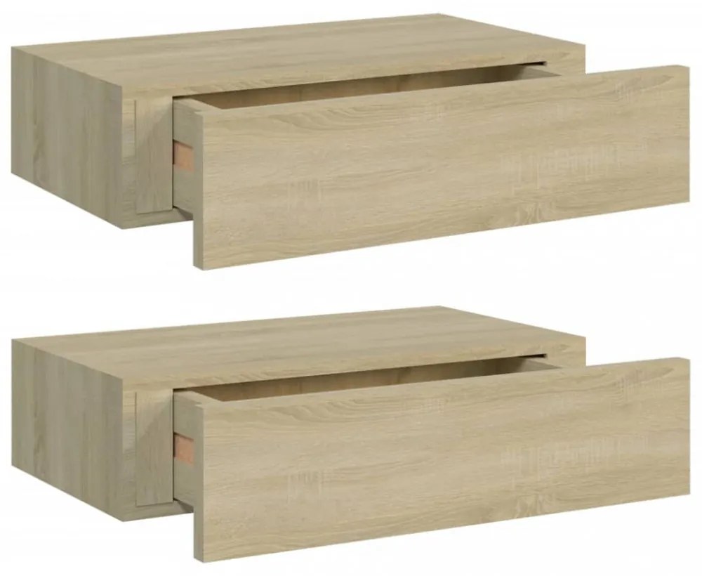 2 db tölgyszínű MDF falra szerelhető fiókos polc 40x23,5x10 cm