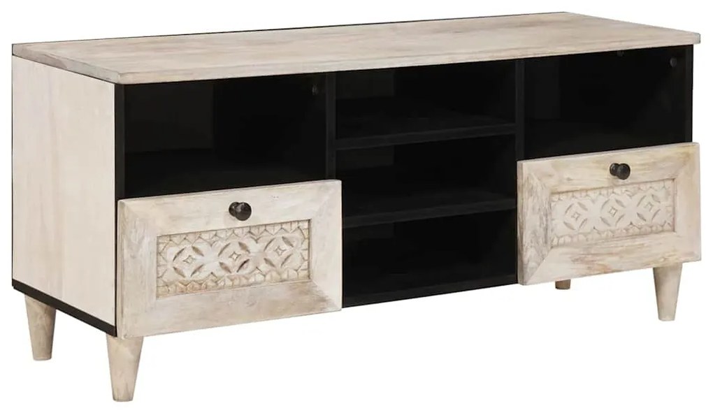 TV szekrény fiókkal Fehér 100 x 33 x 46 cm tömör mangófa