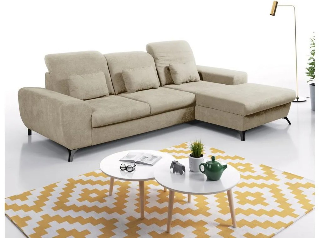 ALTA jobb oldali L-alakú ággyá nyitható kárpitozott sarokkanapé tárolóhellyel, bézs