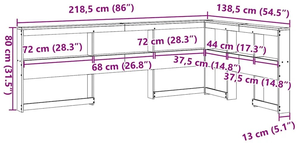 Könyvespolc fejtámla L-alakú viaszbarna 120 cm tömör fa fenyőfa