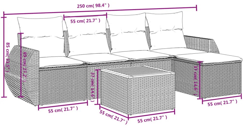 6 részes fekete polyrattan kerti ülőgarnitúra párnákkal