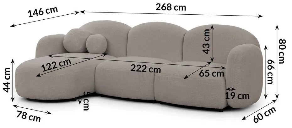 Szürke buklé sarokkanapé (bal oldali-heverő résszel) Orbit – Ropez