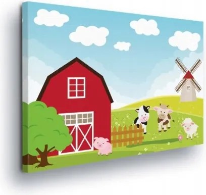 Vászonkép 80x60 Farm falu állatok pajta szélmalom baba édes idilli