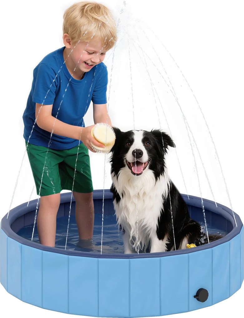 PawHut Összecsukható Kutya Medence Permetezővel - Hordozható Kutya Kád Kicsi és Közepes Kutyáknak Csúszásmentes és Kopásálló Műanyagból Belső és Külső