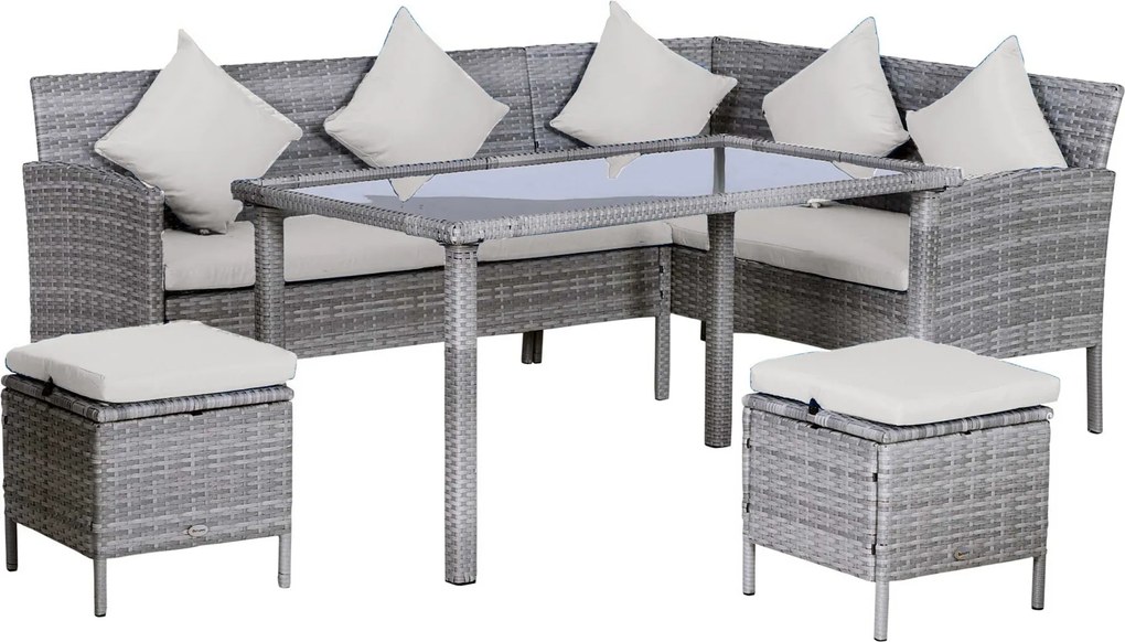 Outsunny 5 részes Kerti Bútor Szett, Rattan Ülőgarnitúra Lábpihenővel, Fém, Szürke, 134 x 60 x 75 cm | Aosom