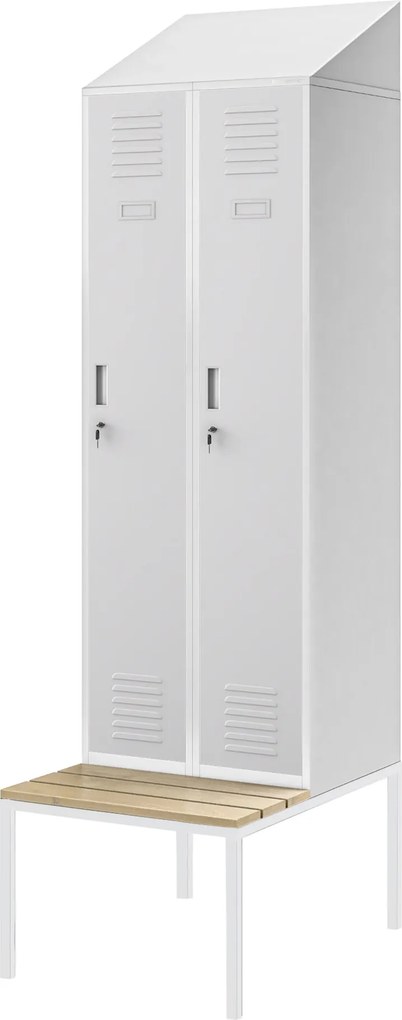 Keskeny, paddal és előtetővel ellátott munkavállalói ruhatár szürke színben, 600x2295x850 mm: KACPER II PRO