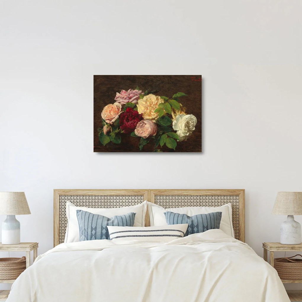 Üveg kép - Henri Fantin-Latour, Roses de Nice on a Table, reprodukciók (70x50 cm)