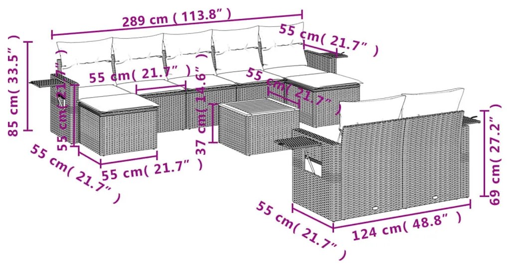 10 részes fekete polyrattan kerti ülőgarnitúra párnákkal