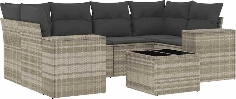 vidaXL 7 részes világosszürke polyrattan kerti ülőgarnitúra párnákkal