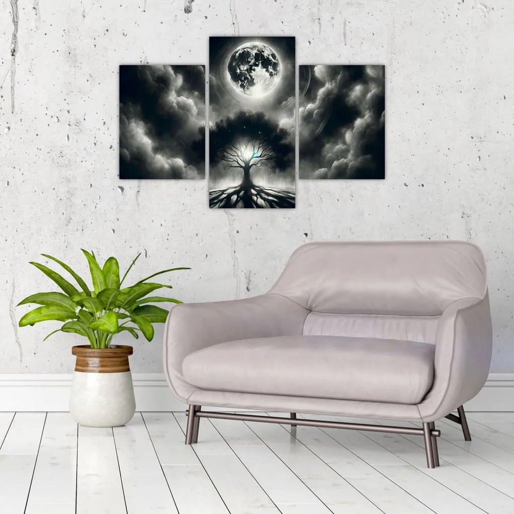 Kép – Fekete-fehér fa teliholdban (90x60 cm)