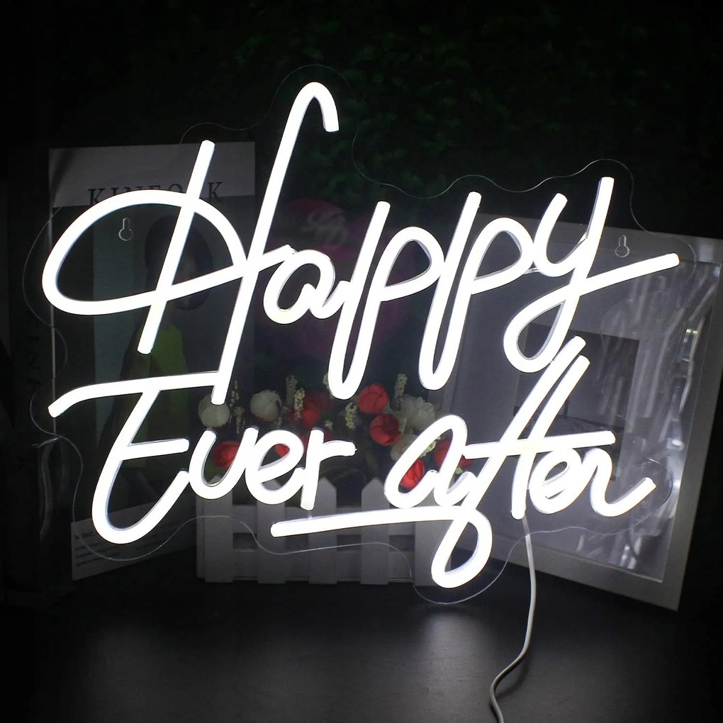 Nagy Neon led Usb felirat "Happy Ever After" fehér, 32x40cm