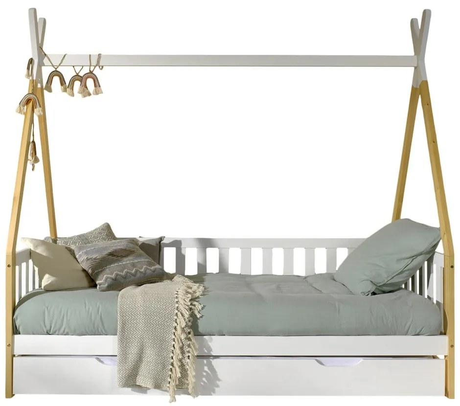 Fehér házikó alakú borovi fenyő gyerekágy tárolóhellyel 90x200 cm TIPI – Vipack