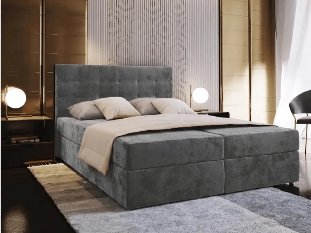 Kárpitozott boxspring ágy GLORIEN VELVET 140x200 cm szürke Matrac: Bonell rugós matrac