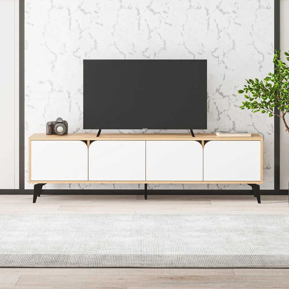 Fehér-natúr színű TV-állvány tölgyfa dekorral 180x51 cm Nola – Marckeric