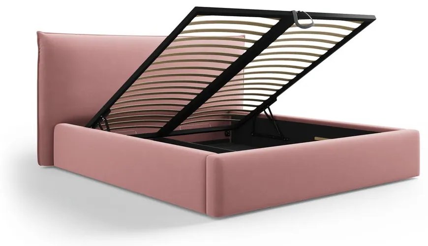 Rózsaszín kárpitozott ágyneműtartós franciaágy ágyráccsal 140x200 cm Elio – Milo Casa