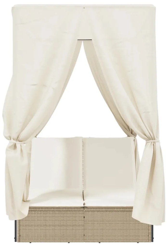 bézs polyrattan dupla napozóágy tetővel és függönyökkel