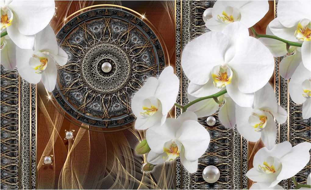 Fotótapéta flizelina Orchideák mandala és arany 254x184 Elegáns Minta +ragasztó