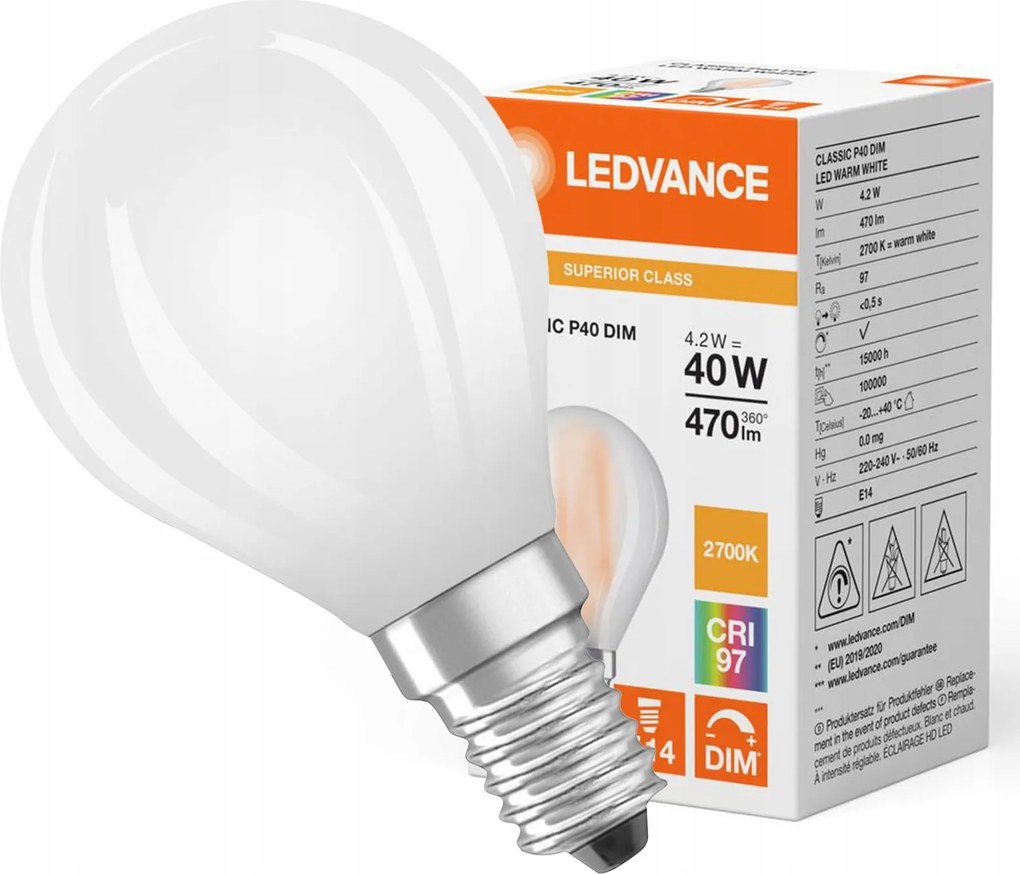 Led izzó P45 E14 4,2W 40W 470lm 2700K Fényerőszabályozható Ledvance