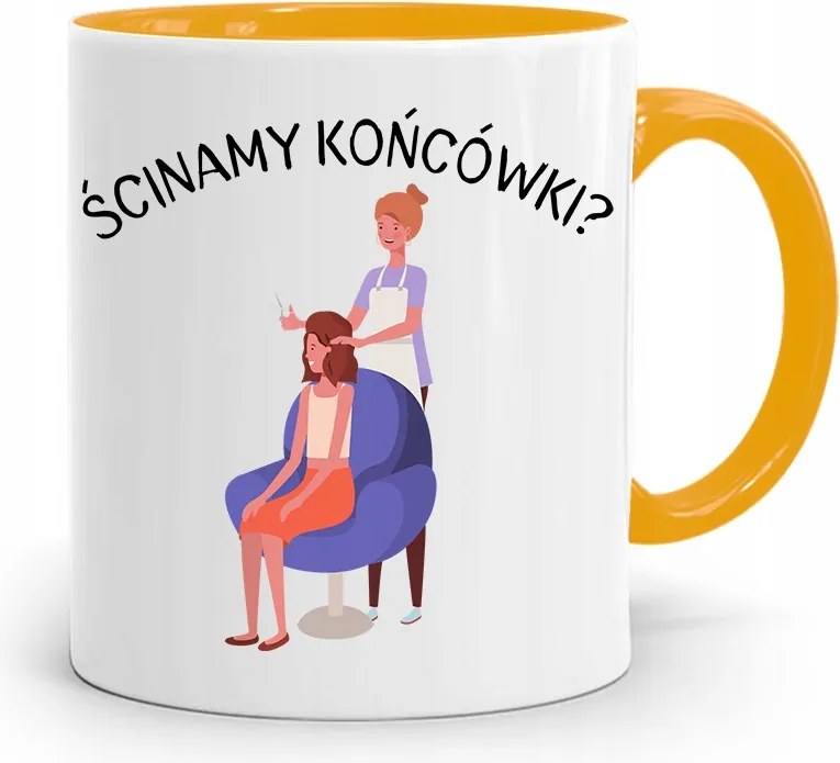 Sárga Fodrász Bögre Fodrász Vágjuk Le A Végeket? fényképes nyomtatással