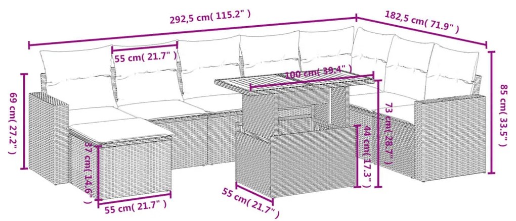 9 részes szürke polyrattan kerti ülőgarnitúra párnákkal