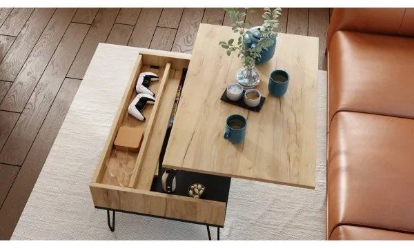 HALIJA dohányzóasztal emelhető asztallappal és polccal, craft tölgy/fekete