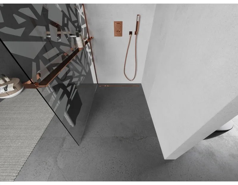 Mexen Kioto +, zuhanyparaván polccal és törölközőtartóval 90 x 200 cm, 8mm átlátszó üvegmintás fehér, rózsa arany profil, 800-090-121-60-85