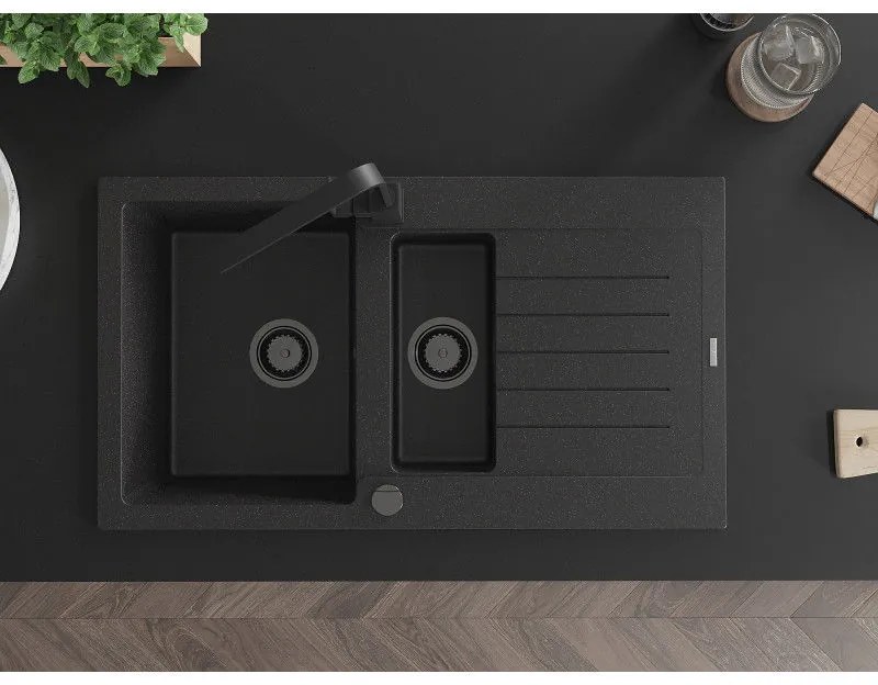 Mexen Matias, gránit mosogató 900x505x200 mm, 1,5 kamrás és fekete csaptelep Rita, fekete foltos, 6502-73-670300-70-B