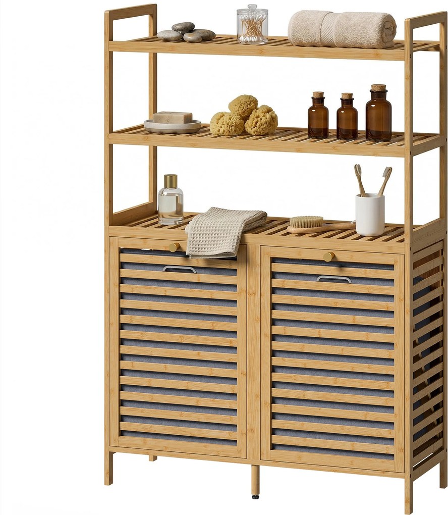 HOMCOM bambusz fürdőszobaszekrény mosókosarakkal — 3 polc, 2 levehető textilkosár, 80 x 30 x 118 cm, tölgy | Aosom