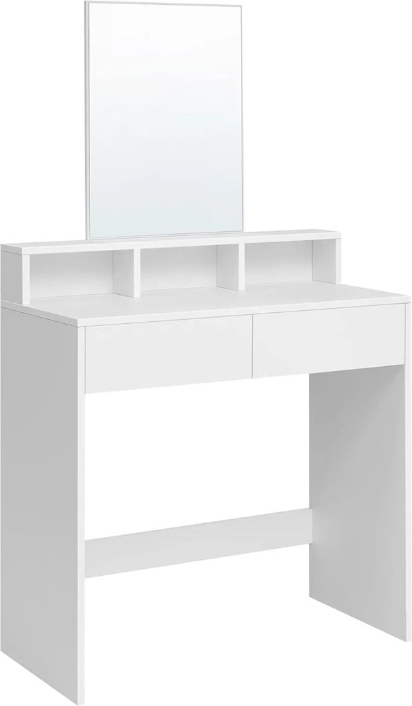 Fésülködőasztal nagy tükörrel, 2 fiókkal, modern kozmetikai asztal, fehér