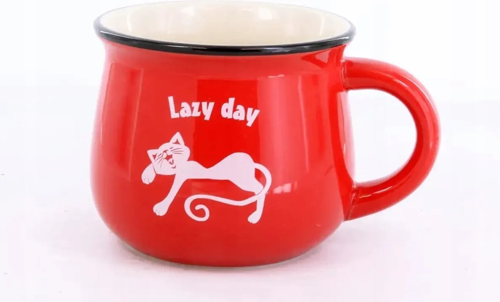 Kerámia Bögre Lazy Day Lusta nap Macskával piros