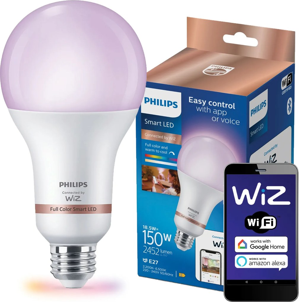 Led izzó E27 18,5W 150W Rgb Tw Erős Smart WiFi WiZ alkalmazás Philips
