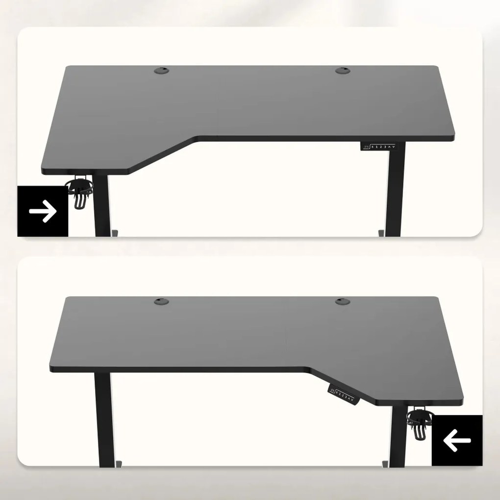 Elektromos állítható magasságú íróasztal, sarokasztal, memória és USB funkcióval, 145 cm x 60 cm, fekete