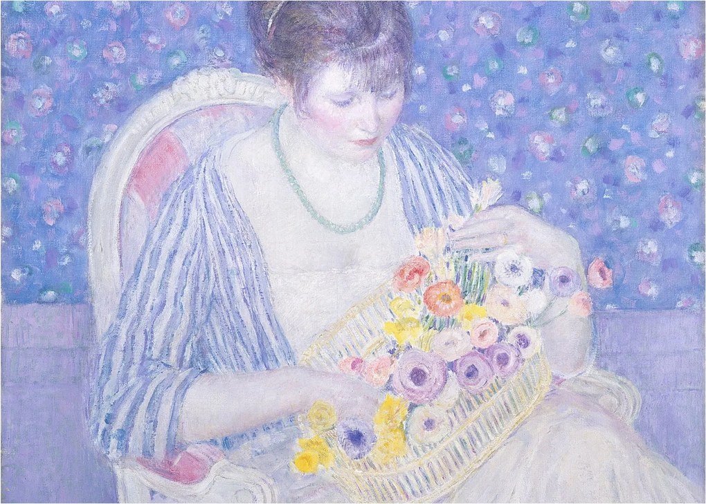 Üveg kép - Frederick Carl Frieseke, The Basket of Flowers, reprodukciók (70x50 cm)