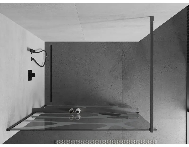 Mexen Kioto+, Walk-In zuhany paraván polccal és akasztóval 120 x 200 cm, 8 mm átlátszó üveg fehér mintás, grafit profil, 800-120-121-66-97