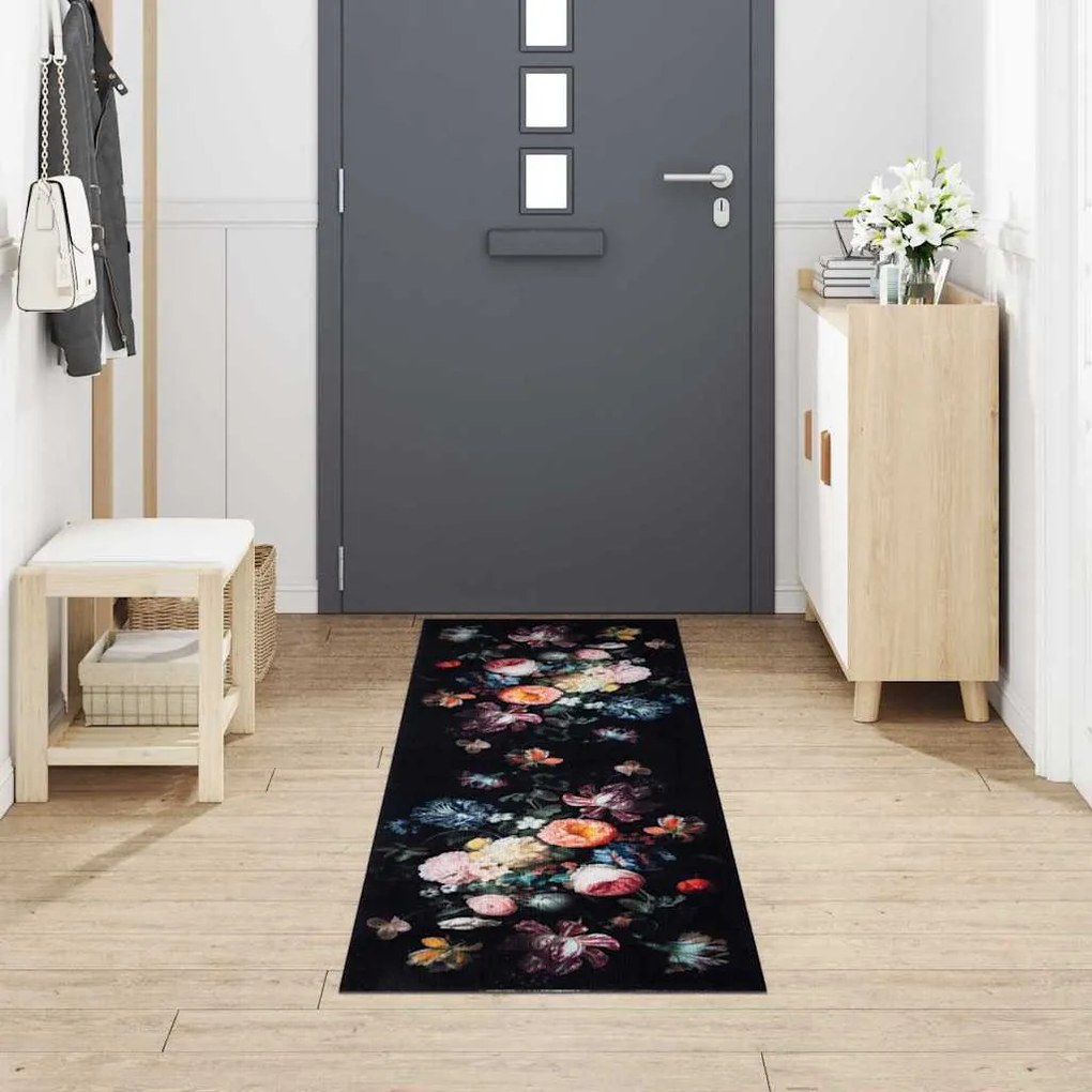 Konyhai szőnyeg Virágos Fekete 300 x 60 cm Bársony