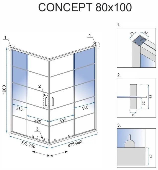 Rea - Concept zuhanykabin tolóajtóval 80 x 100 cm, fekete profil - átlátszó üveg 5 mm, REA-K6389