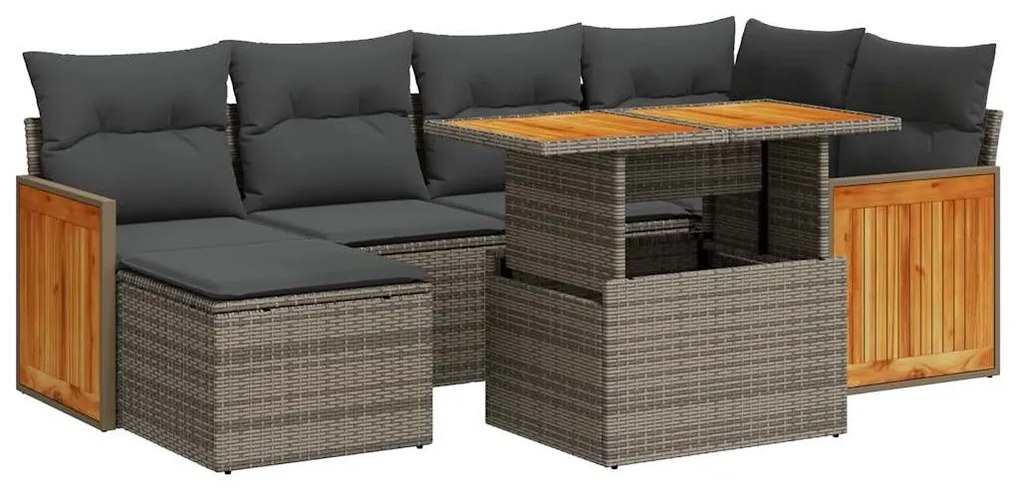 7 részes szürke polyrattan akácfa kerti ülőgarnitúra párnákkal