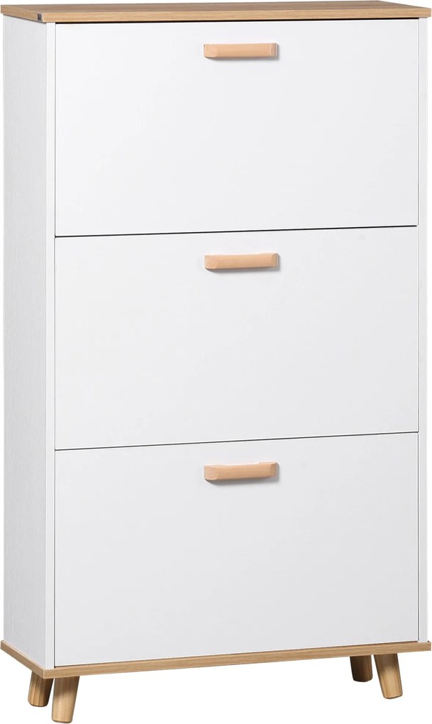 HOMCOM Skandináv Stílusú Cipőszekrény Cipőtartó 3 Felcsapható Ajtóval - Faerezet Hatás - 70 x 23.5 x 122 cm - Fehér | Aosom