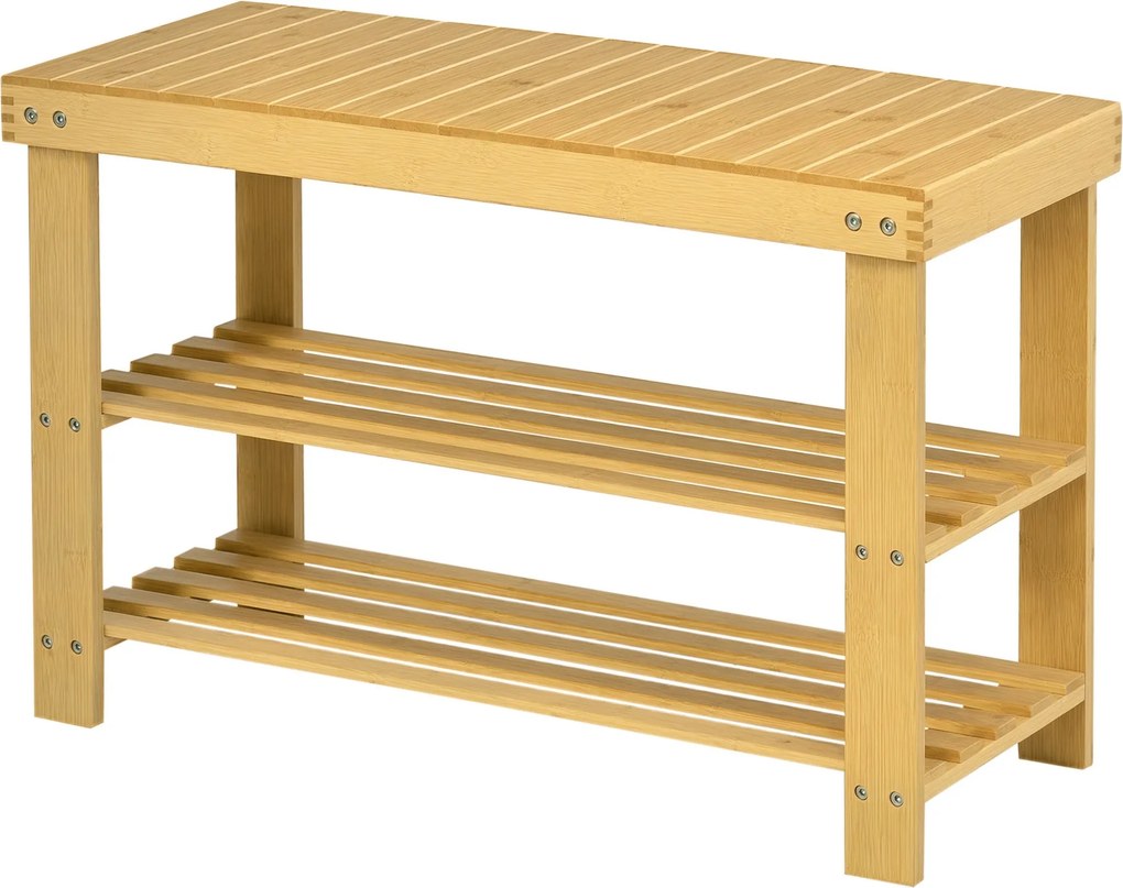 HOMCOM Cipőtároló Pad, Bambusz Pad, Tárolós Cipőrekesz 2 Nyitott Polccal Előszobába, Nappaliba, 70 x 28 x 45 cm Természetes | Aosom