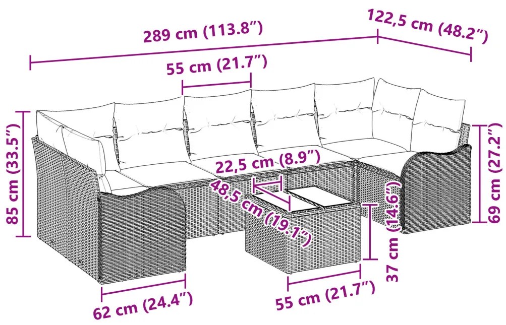 8 Darabos Kert Szófa Szett Párnákkal Szürke Poli Rattan, 2-Fős Kert Szófa Párnákkal Szürke Poli Rattan